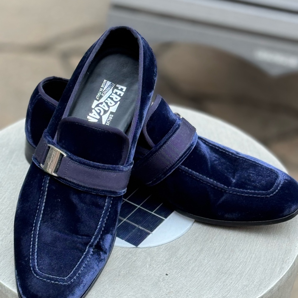 Salvatore Ferragamo Blue Loafers with Elegant Metal Buckle